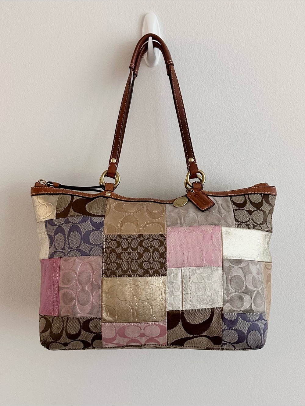 Vintage Coach Y2K 11711 Pink Patchwork Signature Sufflette Canvas Leather Tote